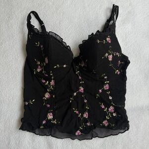 vintage euro black rosette lace mesh cami top
